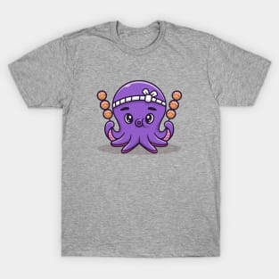 Cute Octopus With Takoyaki Cartoon Vector Icon Illustration T-Shirt